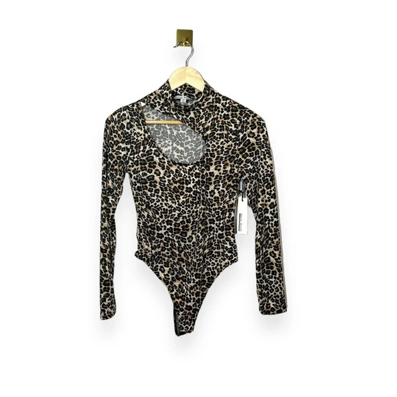 NWT Haute Monde Women’s Cutout Long Sleeve Leopard Print Thong Bodysuit Size S - Picture 1 of 12